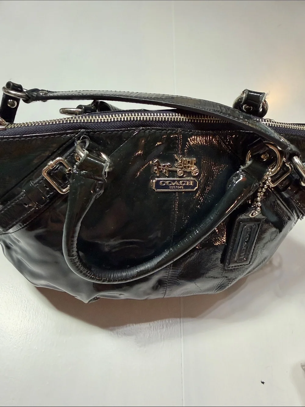 Coach Madison Black Patent Leather Sophia Satchel Bag